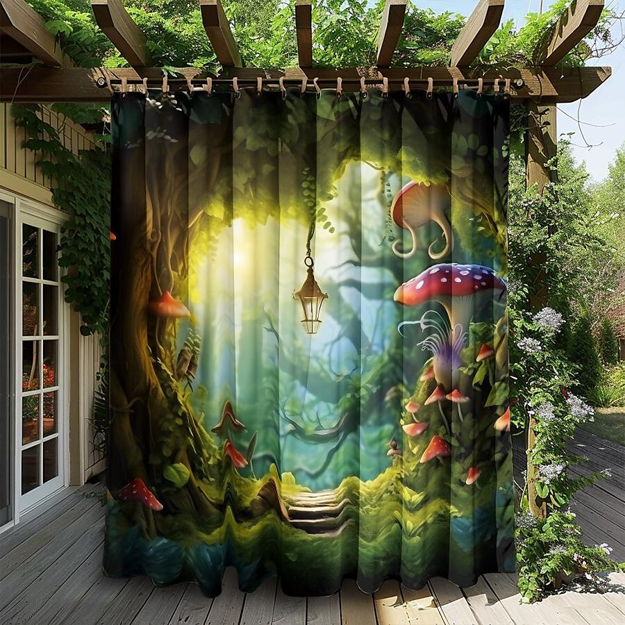Wasserdichter Outdoor Vorhang Außenvorhang für Privatsphäre, Außenjalousien, verschiebbare Terrassenvorhangvorhänge, Pergolavorhänge mit Ösen, Pilzwald für Pavillon, Balkon, Veranda, Party 2025 - $28.99 –P1
