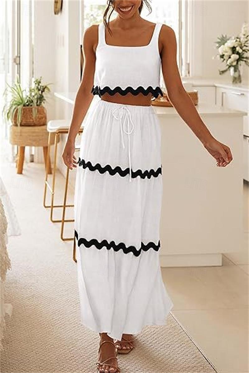 Women's Dress Set Casual Dress Skirt Set Print Dress Fashion Modern Stripe Print Long Dress Maxi Dress Sleeveless Strap Outdoor Date Black White Red Summer Regular Fit 2025 - $44.99 –P7
