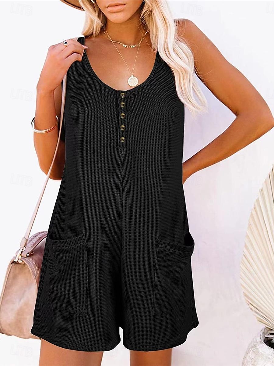 Dam Vanligt Jumpsuits Streetwear Ensfärgat Ärmlös V-hals Knappar Ficka Gata Dagligen Normal Svart Rodnande Rosa Vin Sommar 2025 - $22.99 –P19