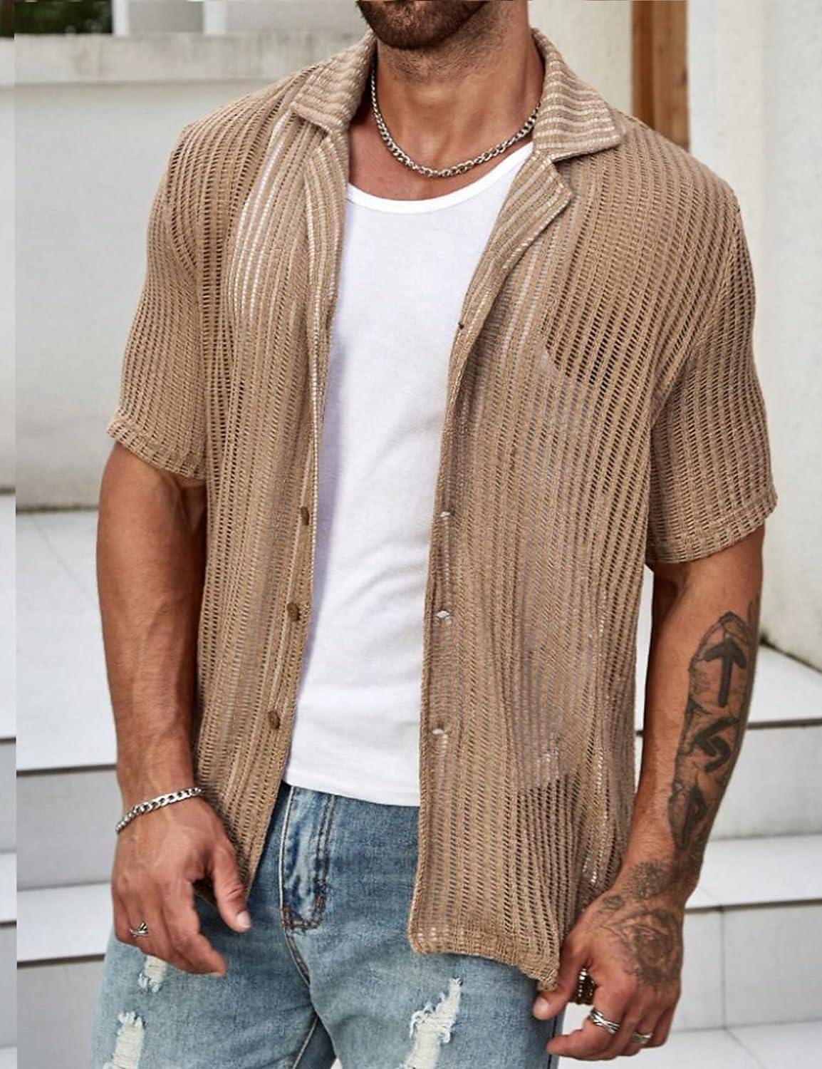 Hombre Camisa Camisa de verano Abotonar la camisa Negro Blanco Verde Claro Azul cielo Color Caquí Mangas cortas Color sólido/liso Frente Abierto Ropa Cotidiana Agujero Ropa Tropical 2026 - $25.99 –P6