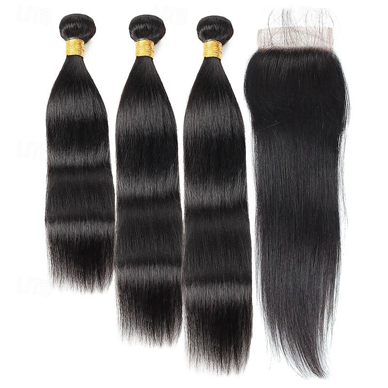 knochenglatte Echthaarbündel mit Verschluss, 4x4-Spitzenverschlüsse mit Bündeln, brasilianische Haarwebartbündel mit Verschluss, Remy-Haar 2025 - $206.89 –P1