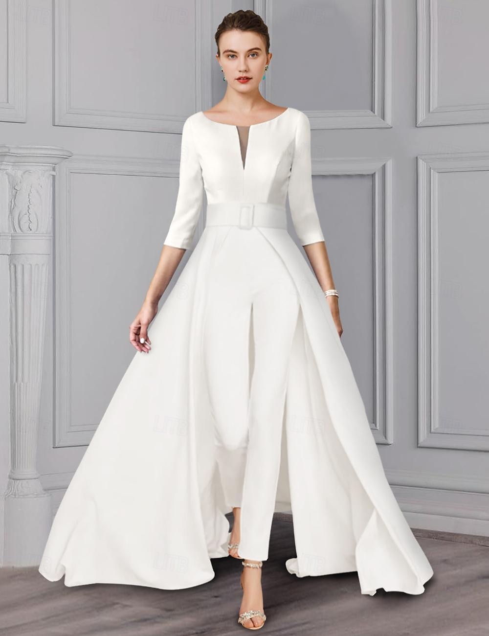 Twee-delige Jumpsuit  Pantalon Moeder van de Bruid Formeel Bruiloft Gast Elegante Afneembare V-Hals Vloerlengte Satijn 3/4 Lengte Mouw Met Riem  Ribbon 2025 gratis maatwerk 2025 - GBP £169 –P4