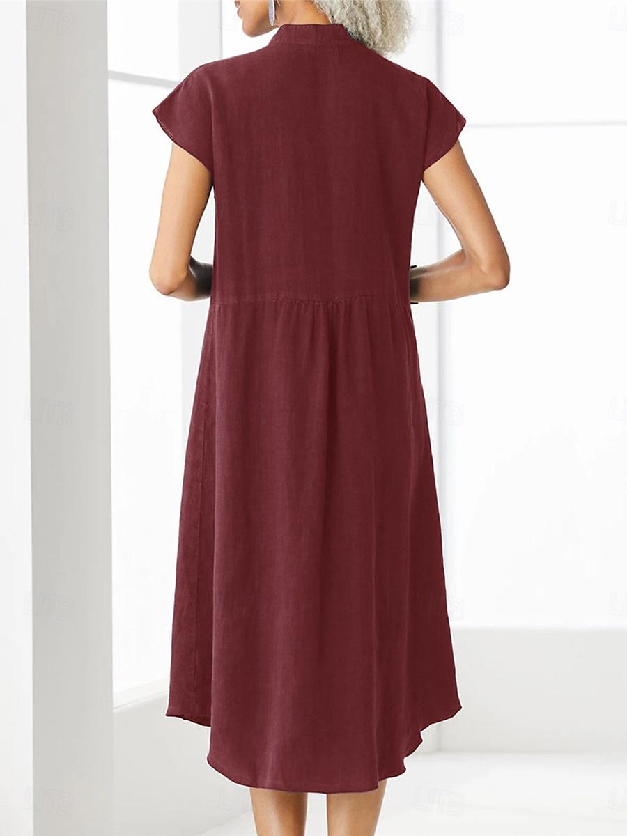 Pentru femei Negru Alb Roșu Vin Vară Primăvară Rochii Midi Rochii de in bumbac Rochii Tip Cămașă Rochie casual De Bază Modern Zilnic Sfârșit de săptămână Potrivire Largă Simplu Guler de stand 2025 - $22.99 –P12