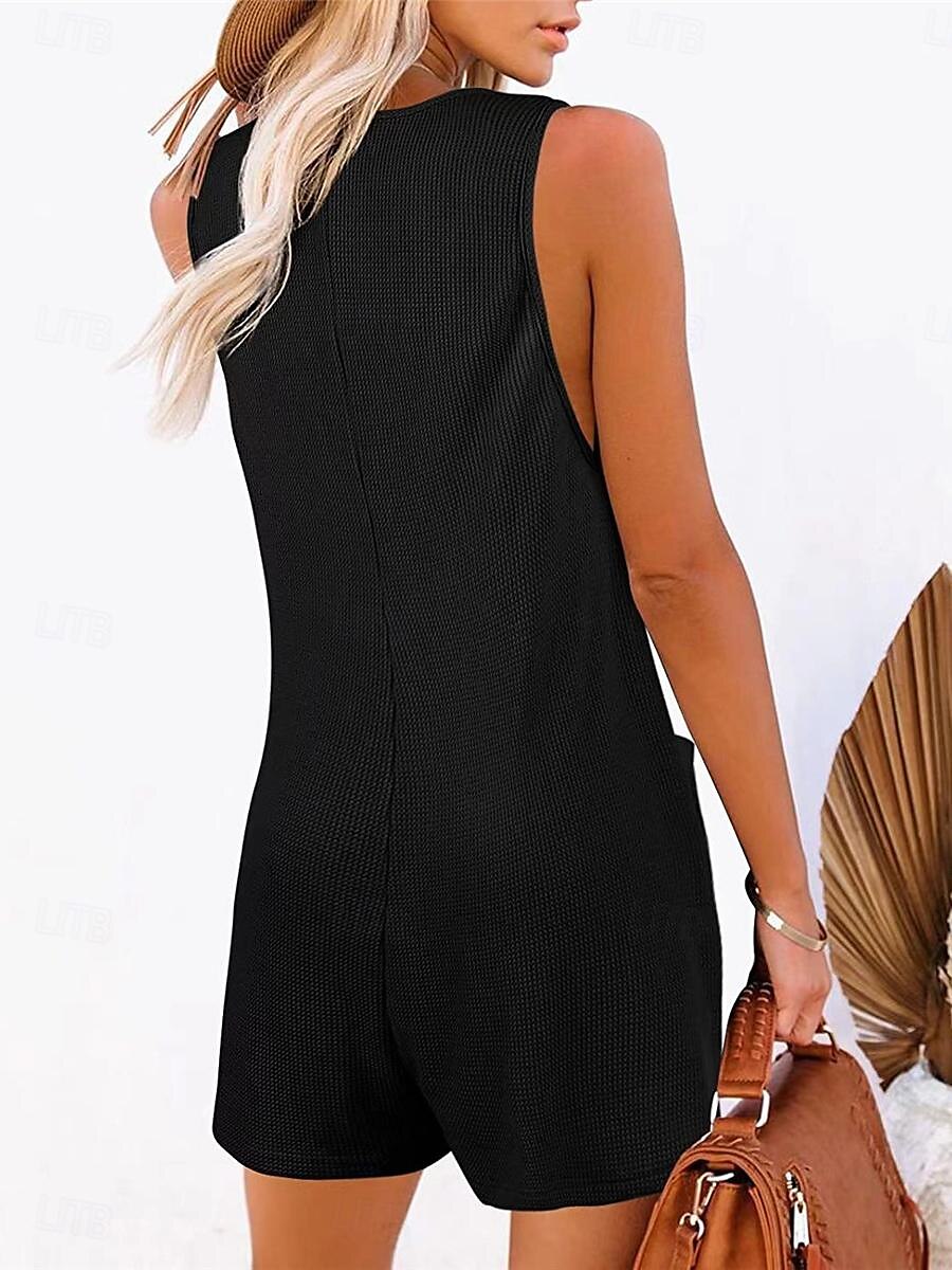 Dam Vanligt Jumpsuits Streetwear Ensfärgat Ärmlös V-hals Knappar Ficka Gata Dagligen Normal Svart Rodnande Rosa Vin Sommar 2025 - $22.99 –P20