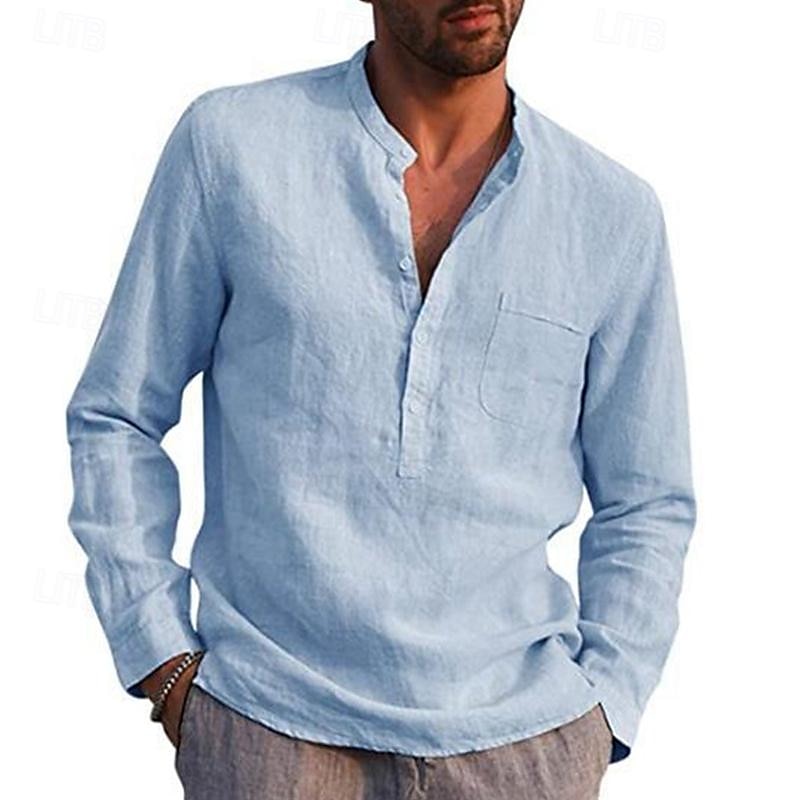 Camisas popover para hombre, color negro, azul marino, manga larga, lisas, estilo Henley, para vacaciones, estilo hawaiano, moda, informal, transpirable. 2025 - $19.49 –P7