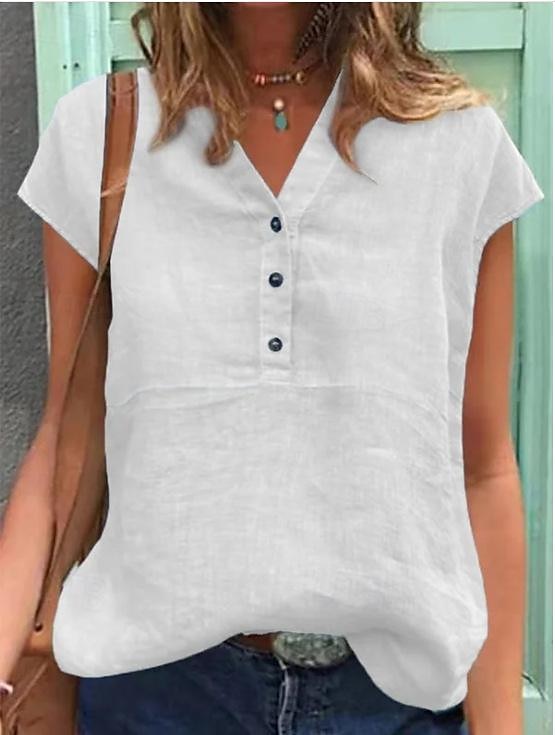 Dame Skjorte Lin-inspirerte skjorter Bluse Lange bomullstopper عادي Mote V-hals Gate Daglig Knapper Hvit Grå Lyseblå Sommer 2025 - $3.99 –P2