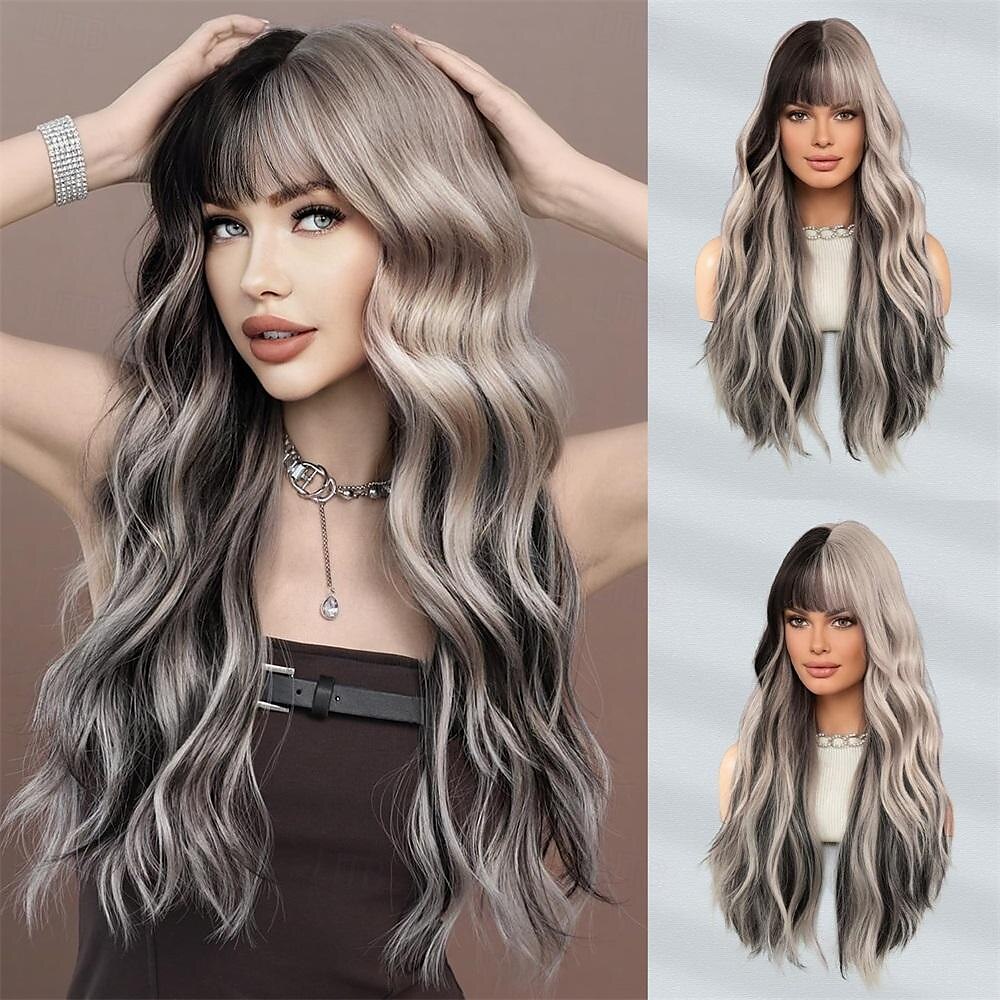 lunghe parrucche ondulate viola con frangia 26 pollici ricci sintetici parrucche ombre resistenti al cuore per le donne cosplay di feste quotidiane usate del 2025 a $21.99 –P6