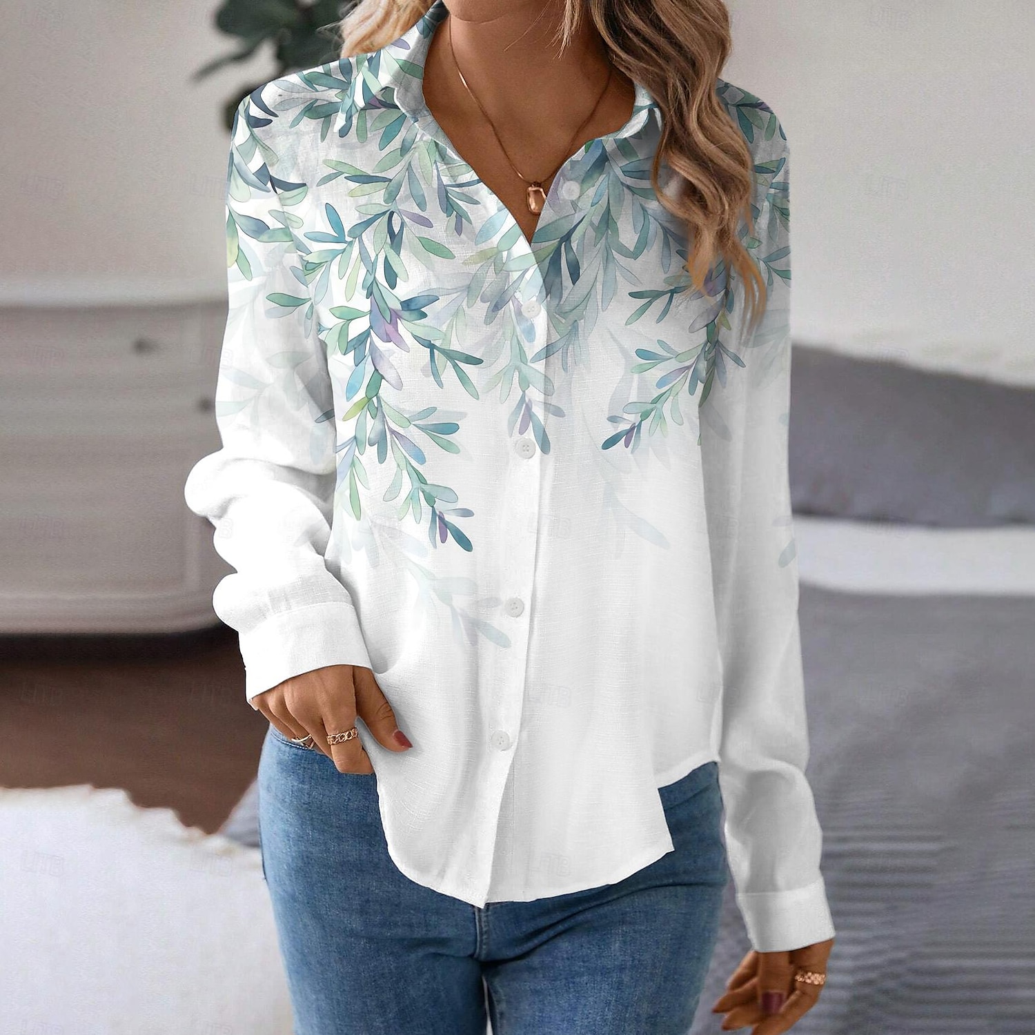 Spring Summer Fall Floral Print Collar Long Sleeve Women Casual top Top Shirt Blouse