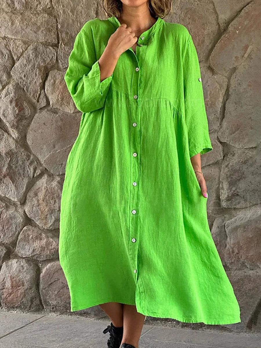 Women's Black White Yellow Summer Spring Midi Dress Linen-Inspired Dresses Shirt Dress Casual Dress Basic Modern Daily Weekend Loose Fit Plain Shirt Collar 2025 - $38.99 –P7
