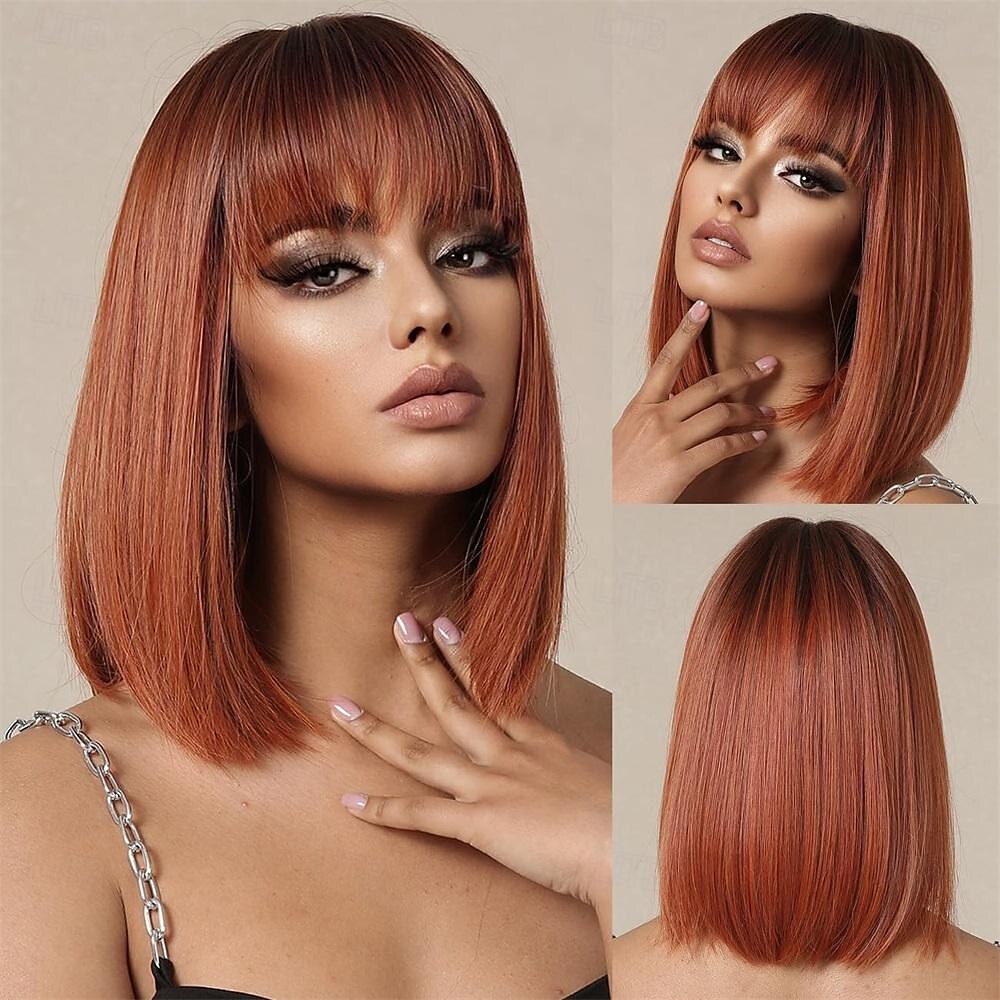 parrucca bionda castano bob ombre con frangia parrucche corte diritte naturali per donne parrucche sintetiche lunghe fino alle spalle per cosplay quotidiano del 2025 a $18.99 –P6