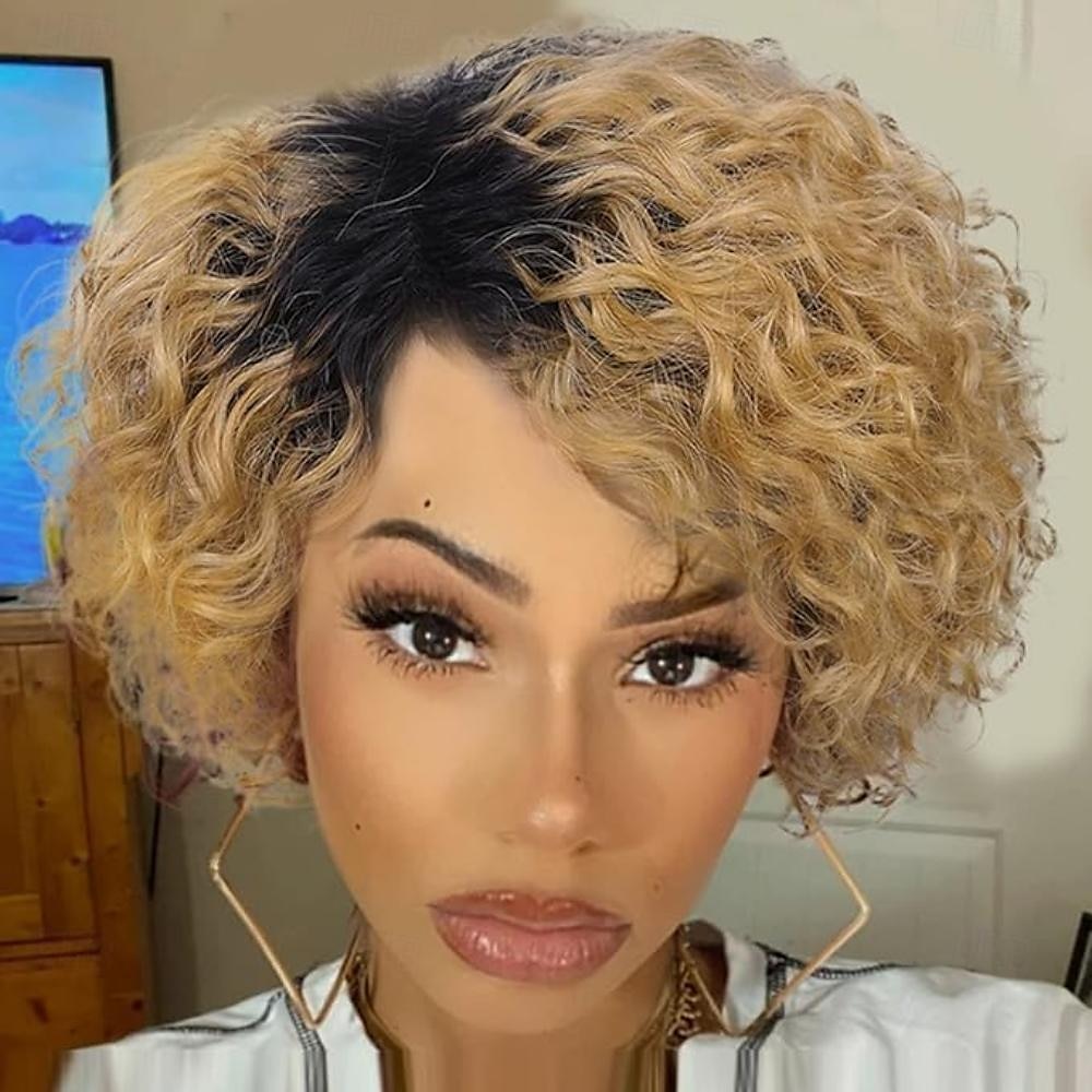 Perruques de cheveux humains bouclés courts pour les femmes noires perruque de partie latérale coupe de lutin cheveux humains brésiliens remy profonds bouclés aucun avant de lacet ombre blonde de 2025 ? $78.99 –P1