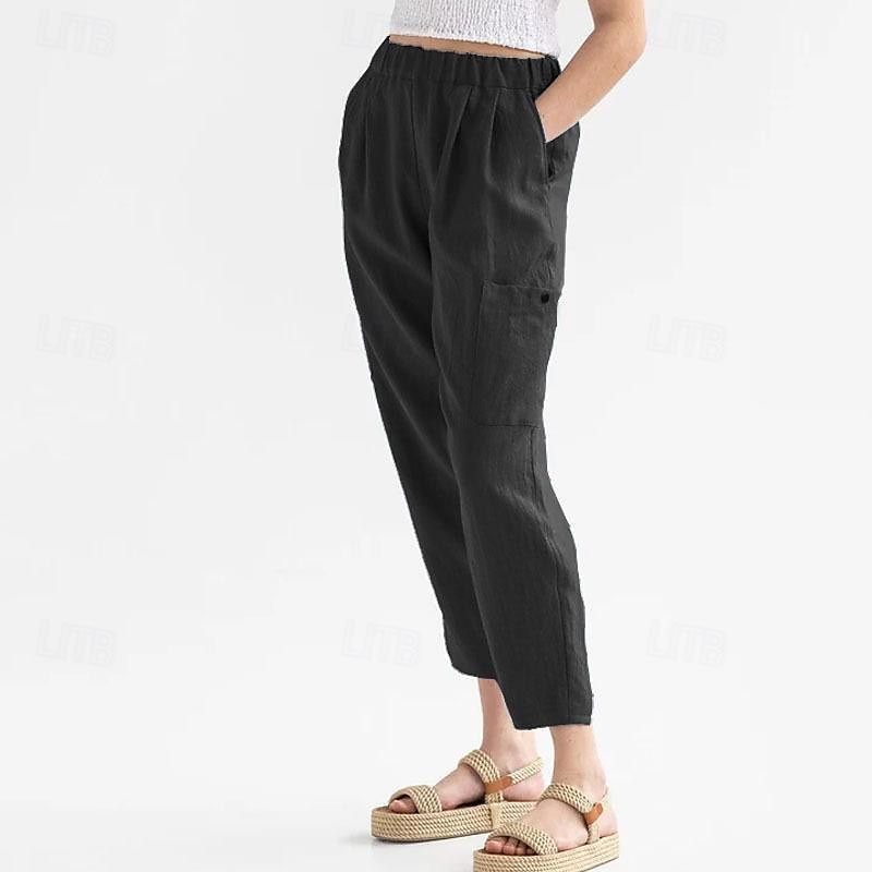 Women's Cotton Linen Pants Pants Trousers Palazzo Pants Fashion Streetwear Comfort Full Length High Waist Plain Elastic Waist Comfy Outdoor Comfortable Street Daily Wear Going out Dark Grey Black 2025 - $18.99 –P5