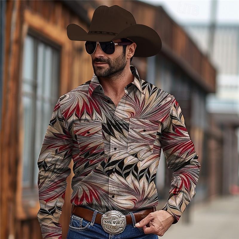 Per uomo Geometria Camicia Western Camicia da cowboy Manica Lunga Vintage Stile Western Tribale All'aperto Vacanza Corsa di Cavalli Primavera & Estate Collo ripiegato Stampato Bottonato Borgogna Blu del 2026 a $35.99 –P3
