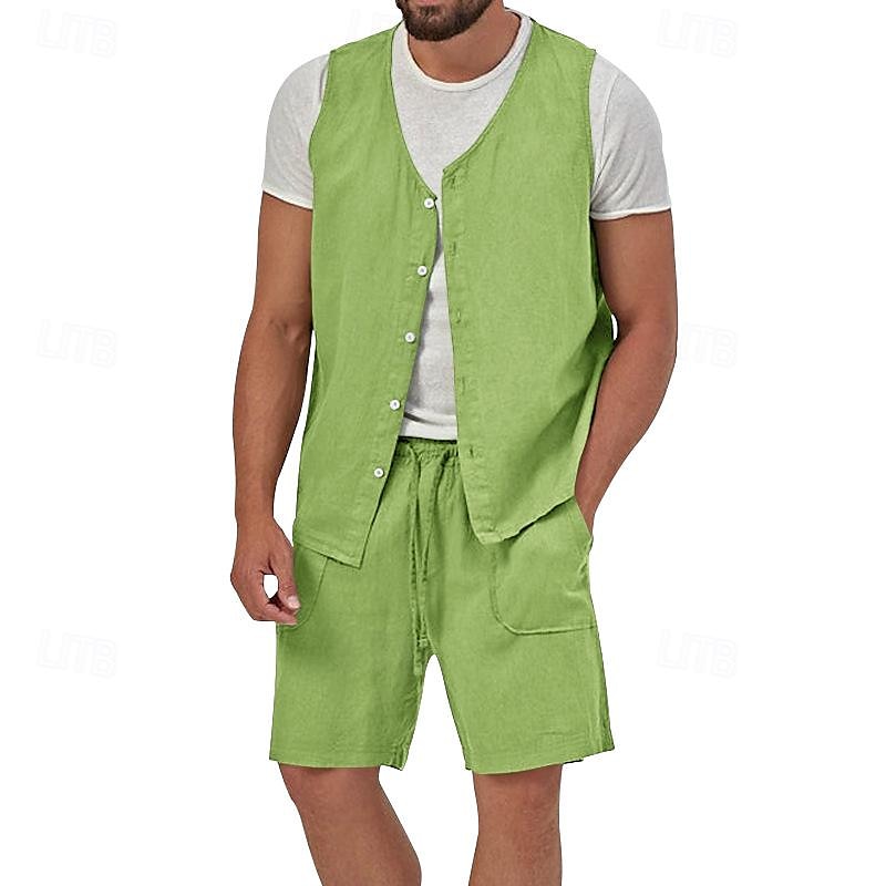 Men's Linen Shorts Summer Shorts Beach Shorts Set Pocket Drawstring Elastic Waist Plain Comfort Breathable Short Holiday Vacation Beach Hawaiian Boho Black Yellow 2025 - $34.99 –P2
