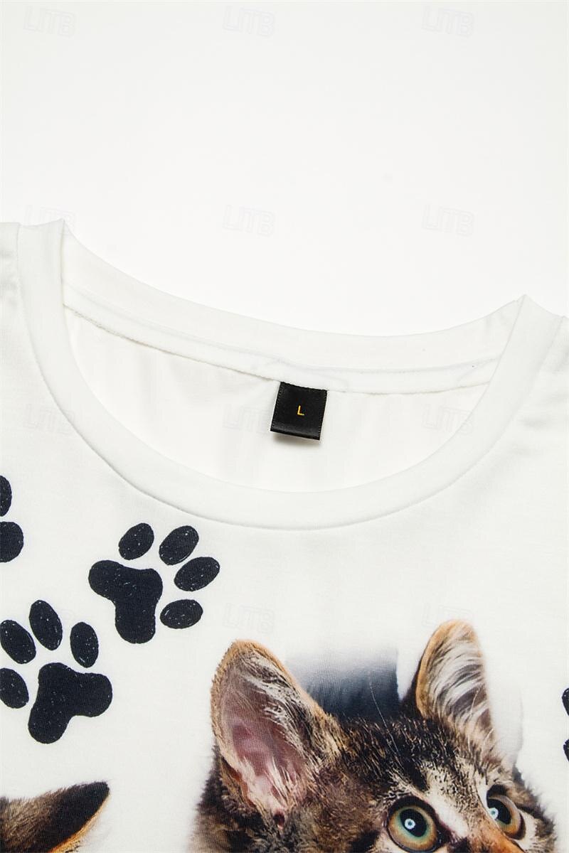 t-shirt basique à manches courtes pour femme, imprimé chat, col rond, décontracté, week-end, blanc de 2025 ? $19.99 –P4