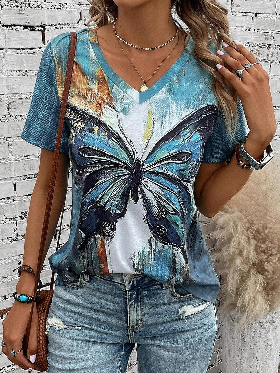 Damen T Shirt Schmetterling Modisch Kurzarm V Ausschnitt Normale Oberteile Casual Täglich Bedruckt Blau Sommer 2025 - $19.99 –P1