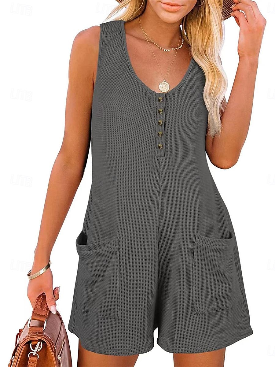 Dam Vanligt Jumpsuits Streetwear Ensfärgat Ärmlös V-hals Knappar Ficka Gata Dagligen Normal Svart Rodnande Rosa Vin Sommar 2025 - $22.99 –P9