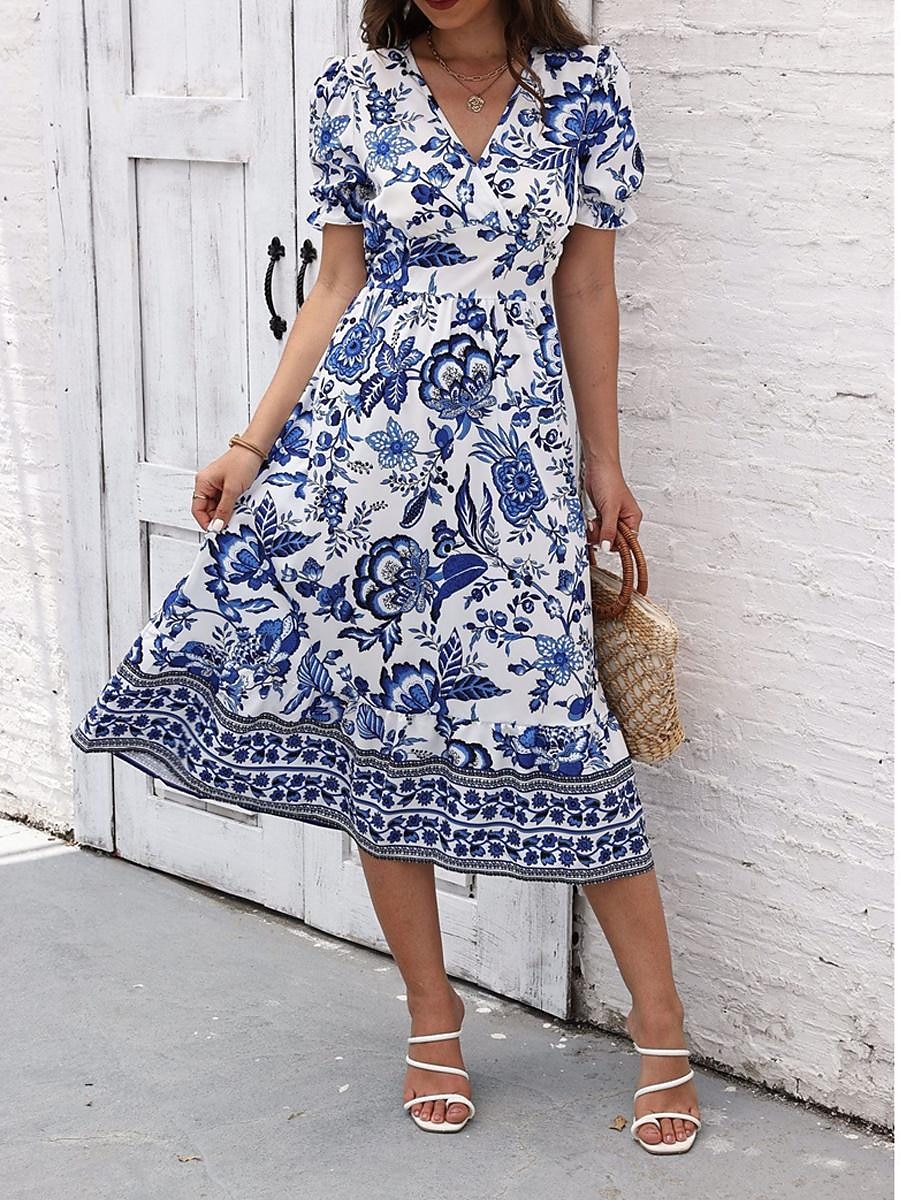Damen Midikleid Casual kleid Schaukelkleid A Linie Kleid Sommerkleid Strassenmode A-Linie Urlaub Strasse Festtage Regular Fit Blumen Kurzarm V Ausschnitt Schwarz Rote Blau Grün Sommer 2026 - $27.99 –P14