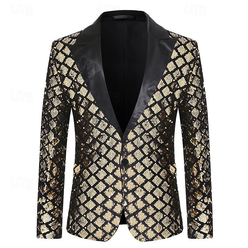 Männlich Blazer Hochzeitsfeier Party & Abend Tasche Ganzjahres Paillettenbesetzt glitzernd Hochzeit Einreihig Blazer Silber Schwarz Königliches Blau Gold 2026 - $60.99 –P1