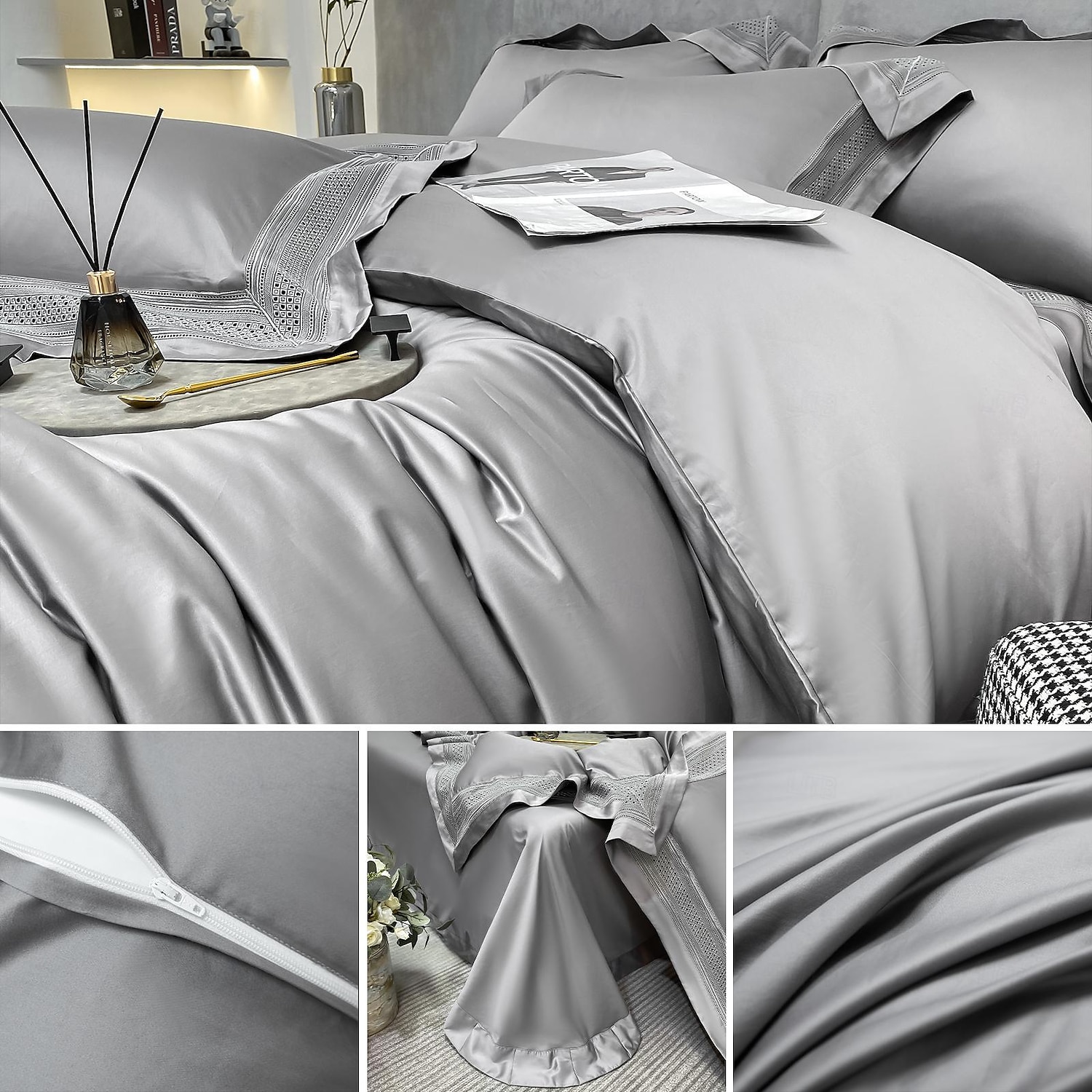 copripiumino in puro cotone pima al 100% 4 pezzi set supima 140-tc set di biancheria da letto in raso di seta morbido di lusso 1 copripiumino 1 lenzuolo piatto 2 federe del 2025 a $288.79 –P10