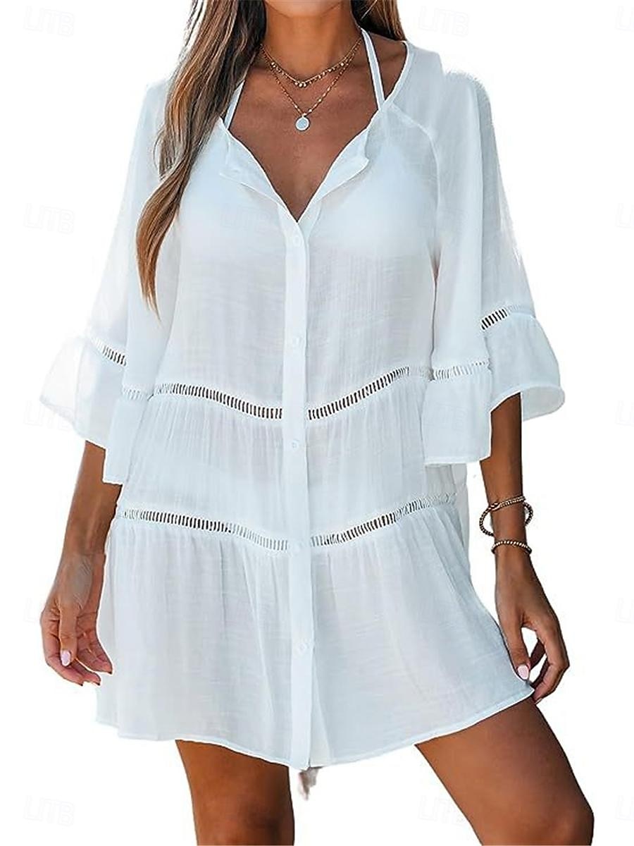 Women's Mini Dress Linen-Inspired Dresses White Dress Casual Dress Summer Dress Basic Vacation Holiday Beach Loose Fit 3/4 Length Sleeve V Neck White Summer 2025 - $22.99 –P5