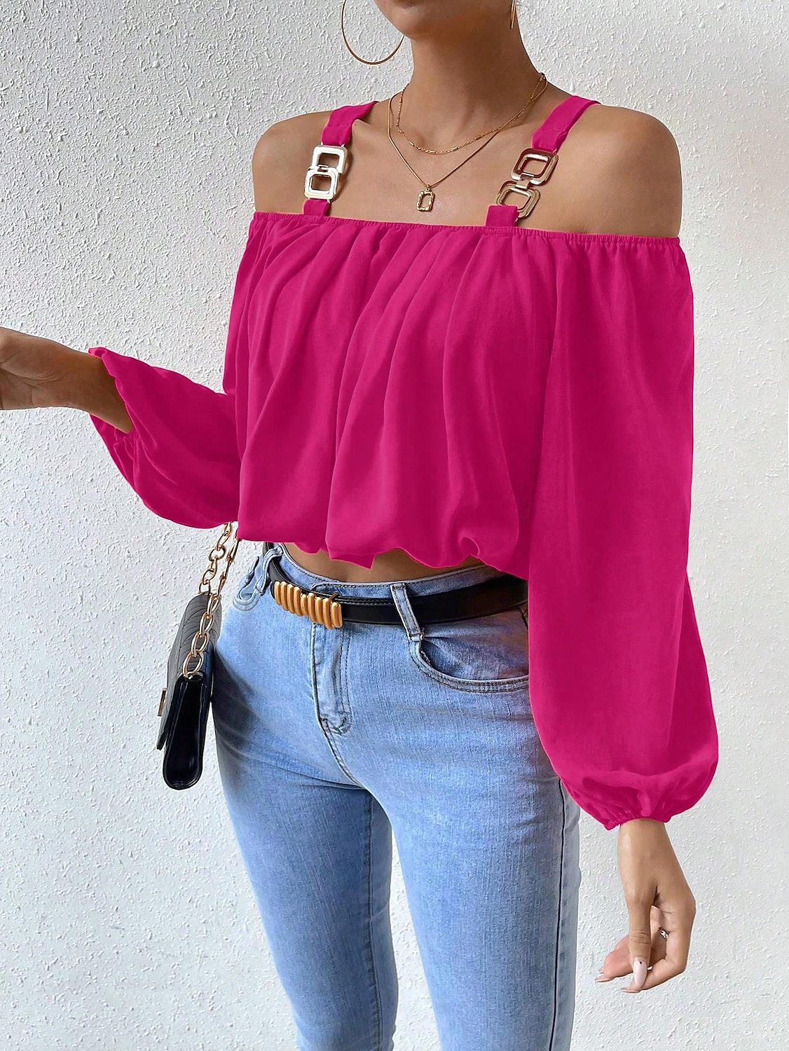 Hemd Bluse Damen Rosa Glatt Kalte Schulter Strasse Täglich Modisch Schulterfrei Regular Fit S 2025 - $32.99 –P2