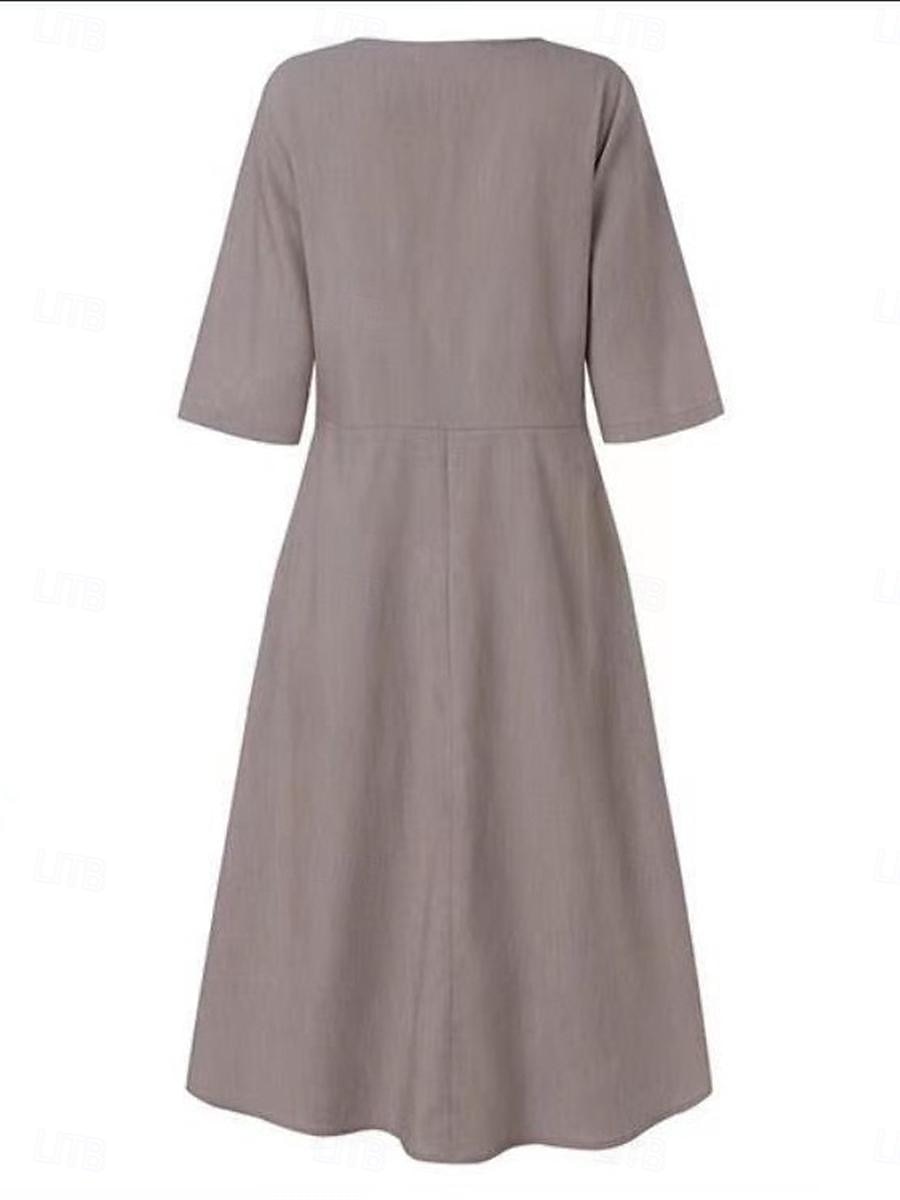 Damen Schwarz Blau Grau Sommer Frühling Midikleid Baumwoll-Leinen-Kleider Freizeitkleid Baumwoll-Sommerkleid Basic Modern Täglich Wochenende Lässiger Schnitt Einfach V-Ausschnitt 2025 - $26.99 –P4