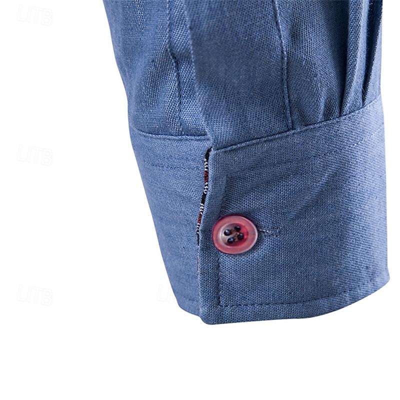 Herren Hemd leinenhemd Hemd aus Baumwollleinen Sommerhemd Strandhemd Knopfhemd Glatt Hawaiianisch Festtage Blau Dunkelblau Langarm Kargen Frühling & Herbst Bekleidung Spleißen 2025 - $19.99 –P8