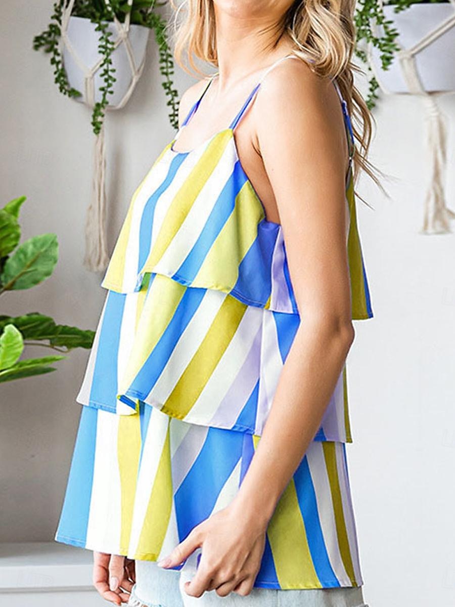 Débardeur Femme à Bretelles Débardeur Mode Streetwear Moderne Rayé Volant Imprimé Superposé Sans Manches Tops Réguliers Col V Décontracté Plage Jaune Violet Fuchsia Orange Vert Été de 2025 ? $18.99 –P8