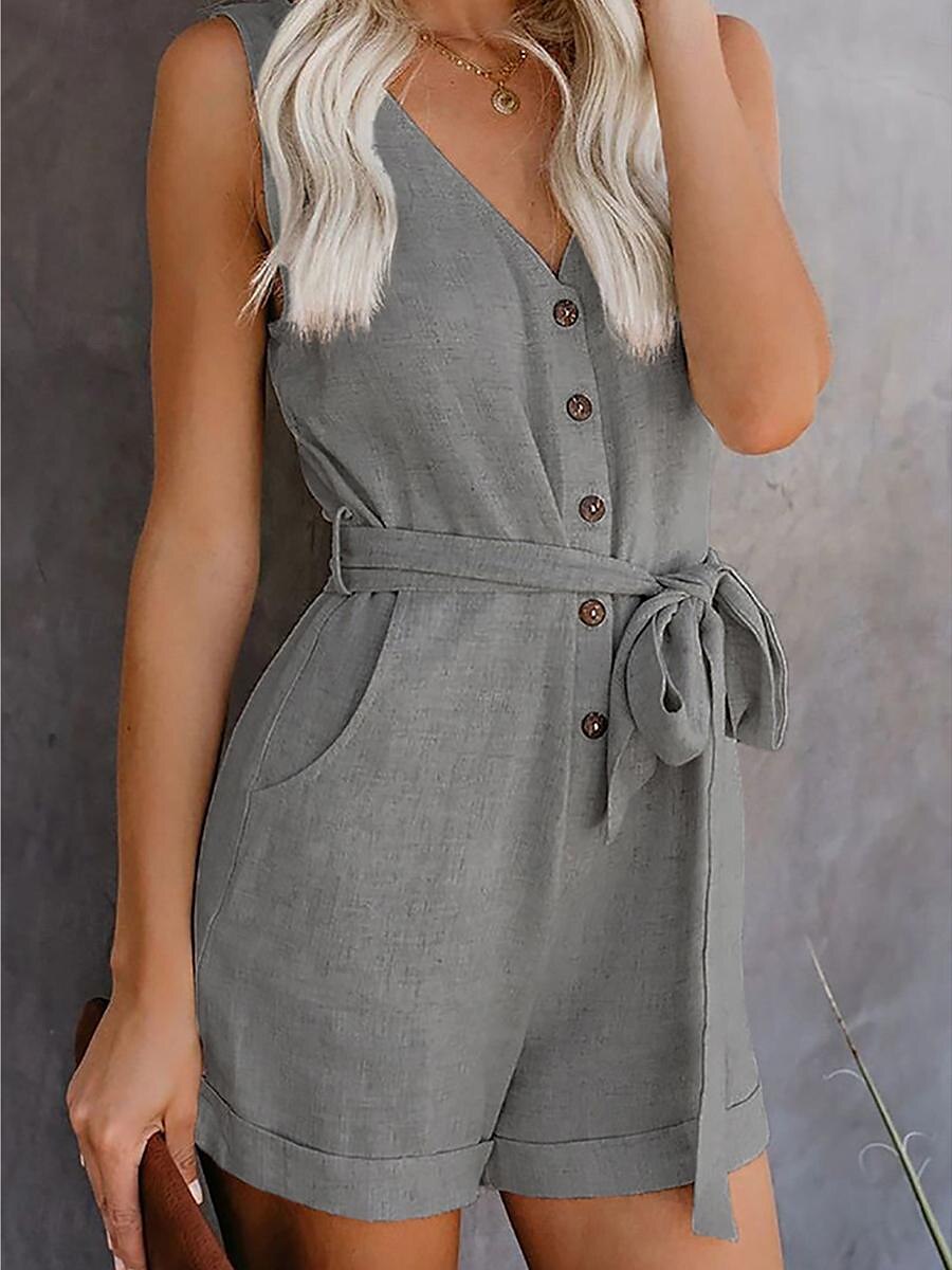 combinaison femme sans manches col en V boutonné devant noué à la taille couleur unie lin style décontracté élégant été printemps tenue une pièce de 2025 ? $22.99 –P15