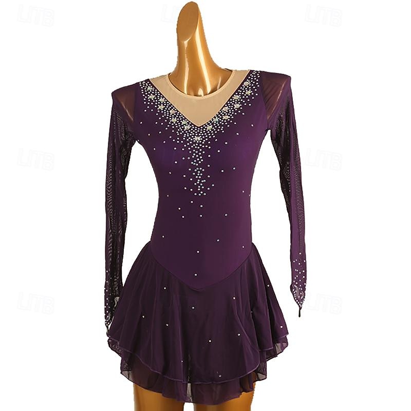 Vestido de patinaje artístico Mujer Chica Patinaje Sobre Hielo Vestidos Morado Retazos Malla Alta elasticidad Entrenamiento Competición Ropa de Patinaje Clásico Cristal / Strass Manga Larga Patinaje 2026 - $152.99 –P3