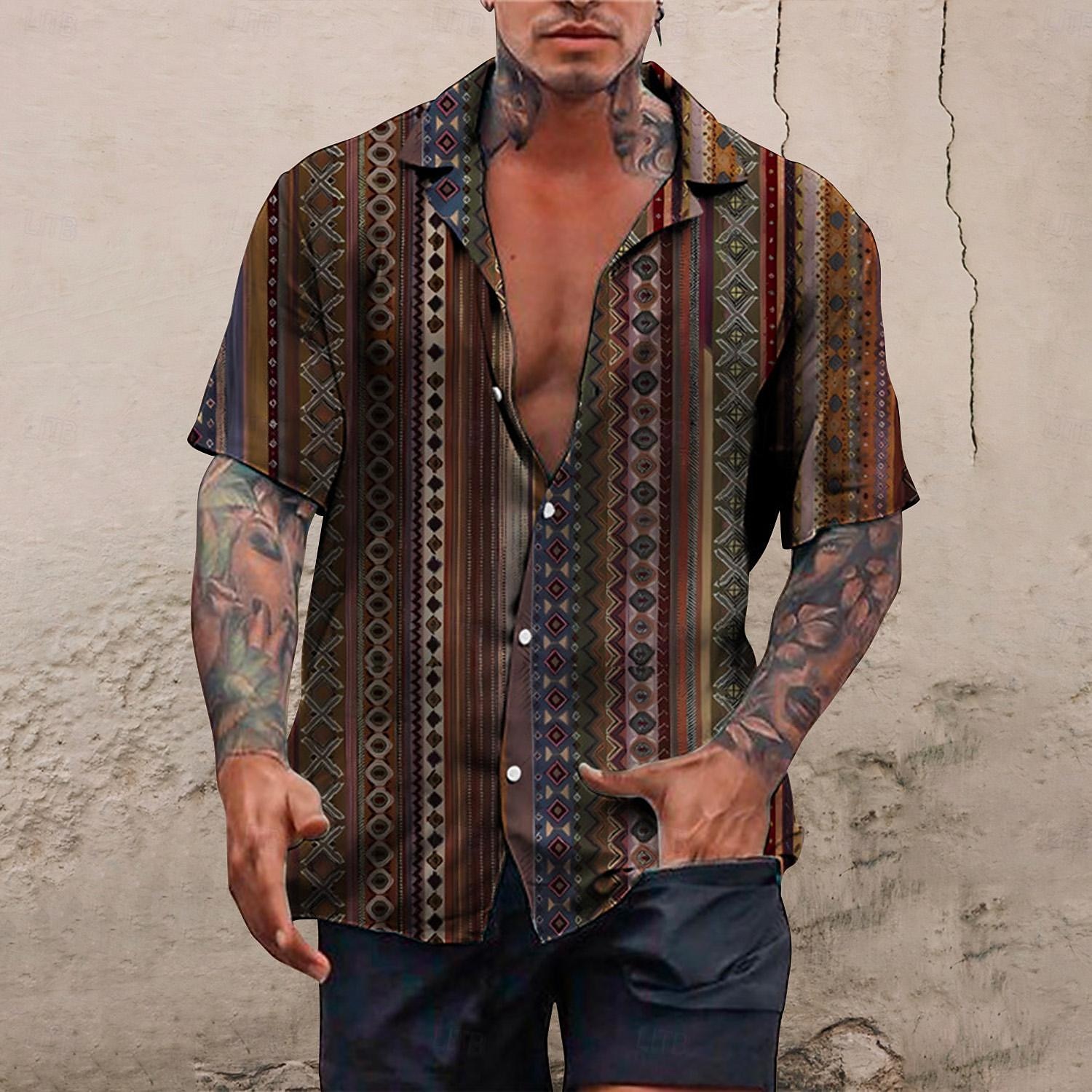 Pánské Etno Retro Geometrie Košile Boho košile Košile na knoflíky Krátký rukáv Tropický vzhled Sportovní Módní Ležérní Dovolená Plážové Léto Jaro Kubánský límec Tisk Tlačítko dolů Vodní modrá Hněd 2025 - $24.99 –P2