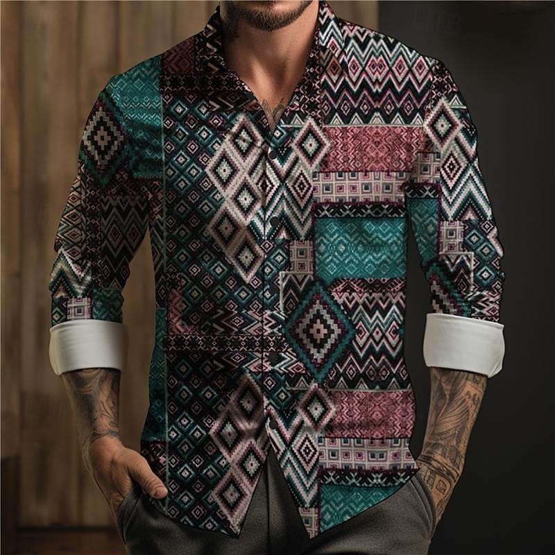 Per uomo Azteca Geometrica Tribale Camicia con bottoni Camicie stampate Manica lunga Boho Da mare Strada Corsa di cavalli Primavera estate Collo ripiegabile Stampa Bottone giù Rosa Rosso Blu marino del 2025 a $24.99 –P1