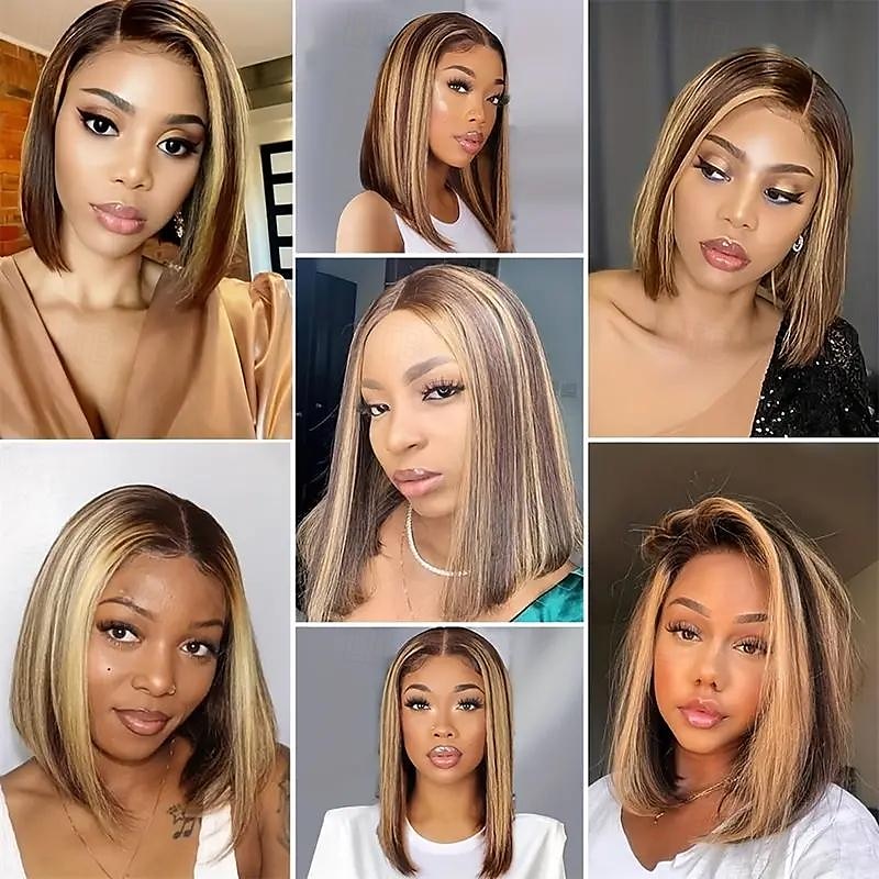highlight 13*4*1 p4/27 remy haar korte bob ombre menselijk haar pruiken blonde pruik rechte bob pruik 2025 - $120.99 –P7