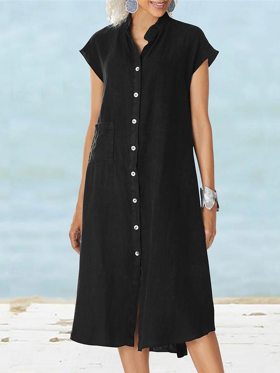 Pentru femei Negru Alb Roșu Vin Vară Primăvară Rochii Midi Rochii de in bumbac Rochii Tip Cămașă Rochie casual De Bază Modern Zilnic Sfârșit de săptămână Potrivire Largă Simplu Guler de stand 2025 - $22.99 –P9