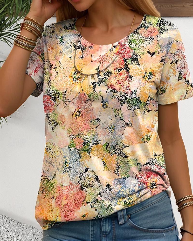 t-shirt femme mode imprimé floral manches courtes hauts réguliers col rond quotidien week-end blanc jaune bleu violet été de 2025 ? $19.99 –P5
