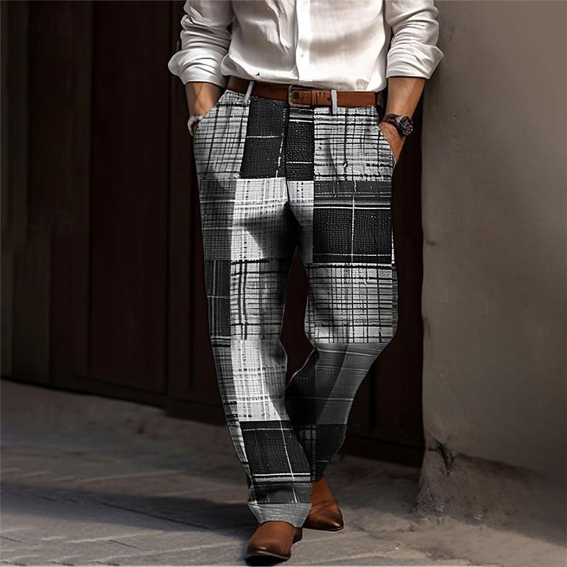rutig business casual herr 3d-tryck klänning byxor byxor utomhus street wear till jobbet polyester khaki grå s m l byxor med hög elasticitet 2025 - $29.99 –P3