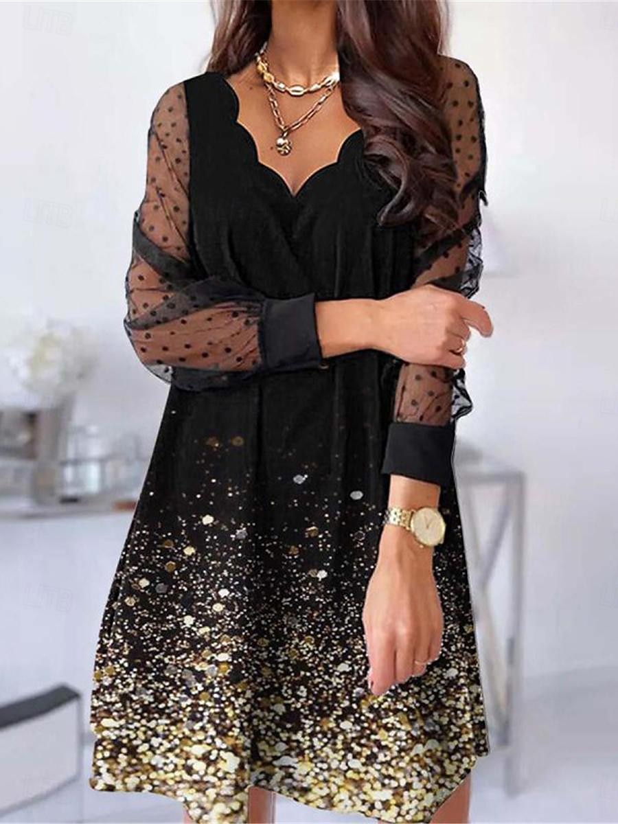 Damen Freizeitkleid Blumen Mesh Patchwork Wellenkanten Minikleid Urlaub Langarm Sommer 2026 - $26.99 –P4