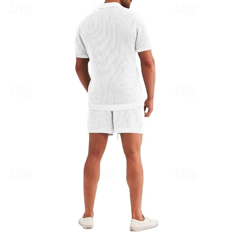 Men's Shirt Shirt Set Button Up Shirt Casual Shirt Summer Shirt Black White Royal Blue Light Grey Light Blue Short Sleeve Plain Lapel Hawaiian Holiday Mesh Clothing Apparel Fashion Casual Comfortable 2024 - $39.99 –P2
