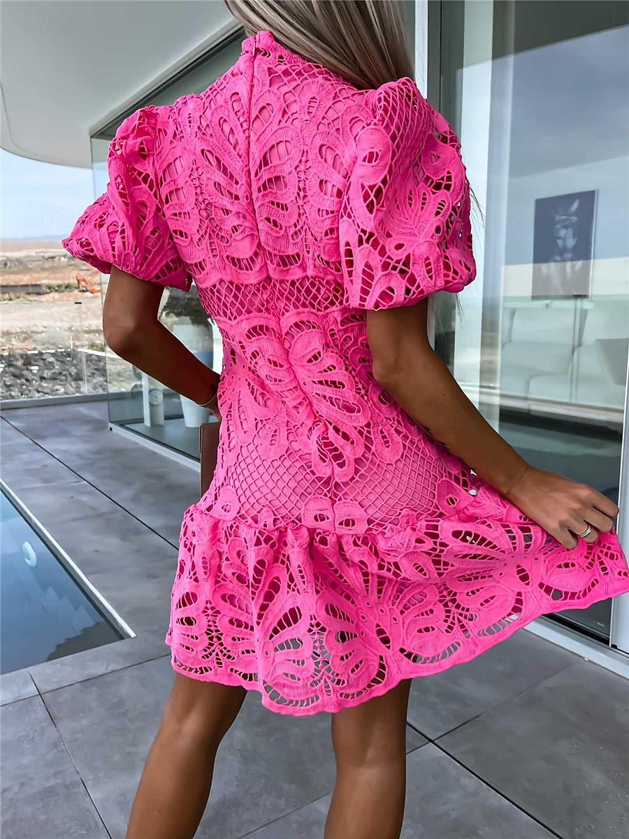Damen Minikleid Spitzenkleid Weißes Kleid Weißes Spitzenhochzeitskleid Elegant Urlaub Ferien Normale Passform Kurzarm Stehkragen Weiß Purpur Fuchsie Orange Sommer 2026 - $38.99 –P9