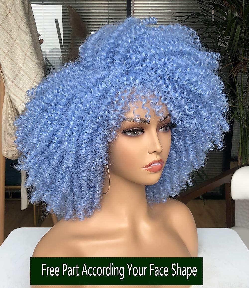 Curly Wig with Bangs for Black Women Short Kinky Curly Wig 14inch Afro Hair Carnival Party Christmas Cosplay Wigs Sky Blue 2025 - $17.99 –P7
