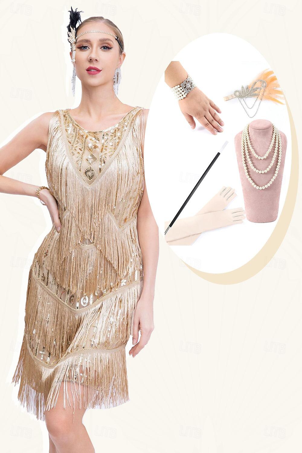 Retró Ordító 20-as évek 1920-as évek Flapper ruha Felszerelések Koktélruha A nagy Gatsby Flapper lány Esküvői Vendég Flitter Női Esküvő Esküvői vendég Buli / Este Felnőttek 1 Karkötő Ruha Kesztyűk 2025 - $86.99 –P6