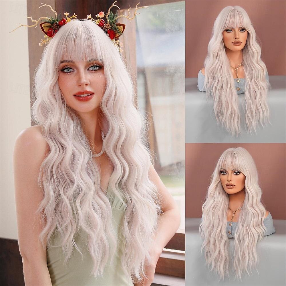 lunghe parrucche ondulate viola con frangia 26 pollici ricci sintetici parrucche ombre resistenti al cuore per le donne cosplay di feste quotidiane usate del 2025 a $21.99 –P14