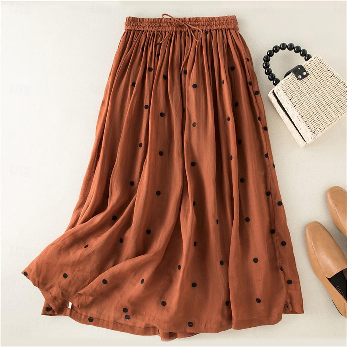 Femme Jupe Trapèze Mode Décontractées Maxi Taille haute Jupes Pois Imprimer Casual Quotidien Fin de semaine Jaune bleu marine Marron Vert Eté Coton et lin de 2025 ? $46.99 –P5