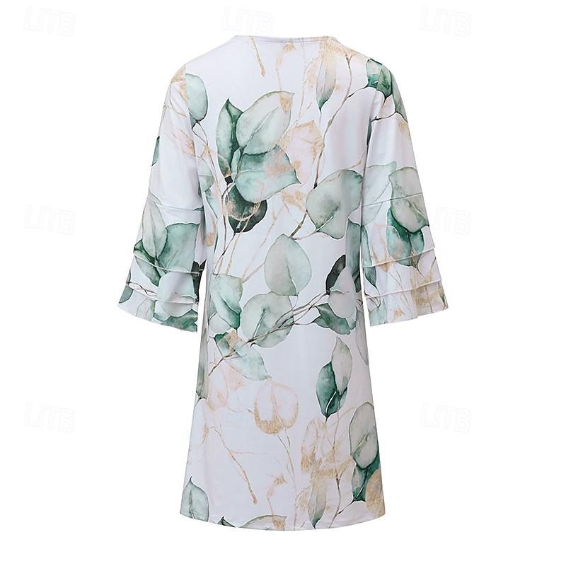 Dame Mini kjole Semi formell kjole Mini kjole Solkjole Kjole med A-linje Mote Klassisk Moderne Volanger erme Utvidet erme Feriereise Daglig Ferie Normal Blomstret Grafisk Blad 3/4 ermer V-hals Hvit 2025 - $46.99 –P2