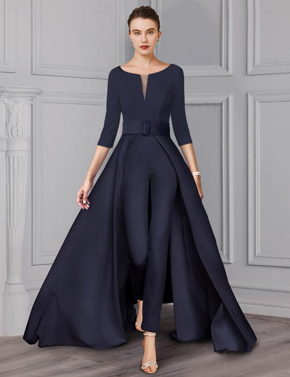 Twee-delige Jumpsuit  Pantalon Moeder van de Bruid Formeel Bruiloft Gast Elegante Afneembare V-Hals Vloerlengte Satijn 3/4 Lengte Mouw Met Riem  Ribbon 2025 gratis maatwerk 2025 - GBP £169 –P1