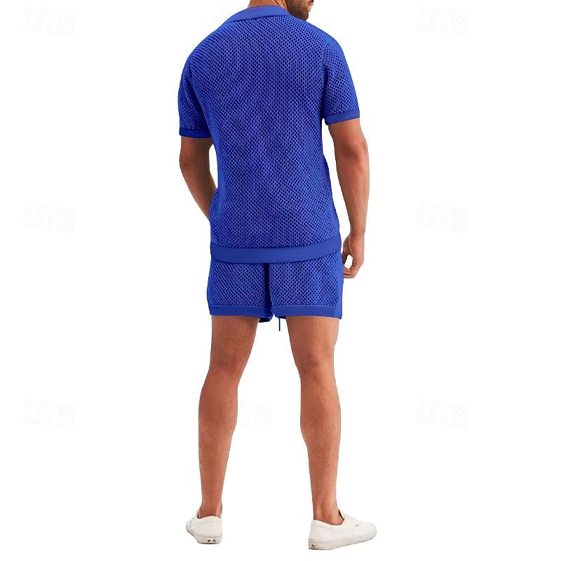 Men's Shirt Shirt Set Button Up Shirt Casual Shirt Summer Shirt Black White Royal Blue Light Grey Light Blue Short Sleeve Plain Lapel Hawaiian Holiday Mesh Clothing Apparel Fashion Casual Comfortable 2024 - $39.99 –P5