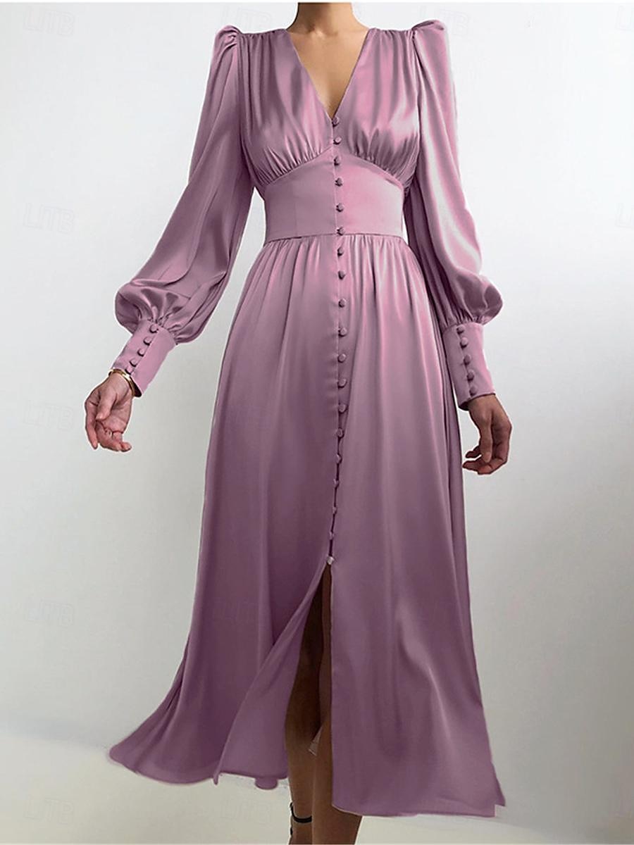Dames Witte jurk Lange jurk maxi-jurk nappi Afspraakje Vakantie Streetwear Maxi V-hals Lange mouw Zwart Wit Blozend Roze Kleur 2025 - $60.99 -P4
