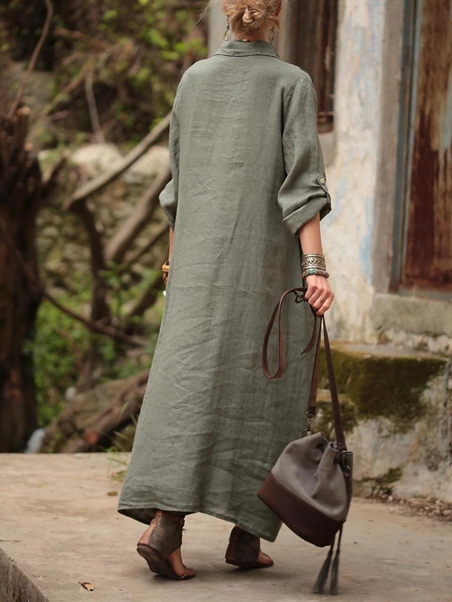 Damen Maxikleid Shiftkleid Hemdblusenkleid Baumwoll-Leinen-Kleider Freizeitkleid Basic Modern Täglich Wochenende Lässiger Schnitt Einfach Langarm Hemdkragen Armeegrün Aprikose Sommer Frühling 2026 - CAD $68.99 –P5