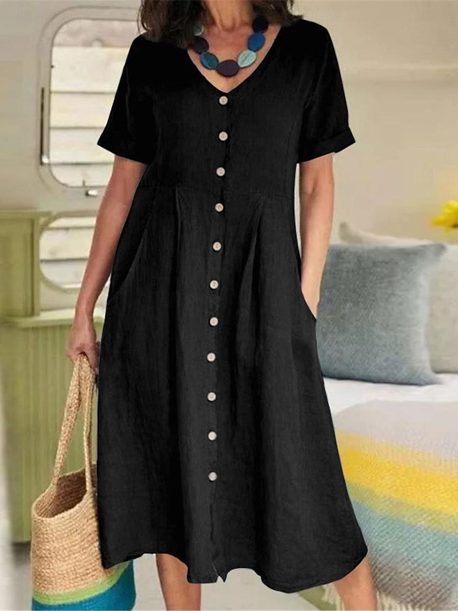Damen Armeegrün Schwarz Weiß Sommer Frühling Midikleid Weißes Kleid Baumwoll-Leinen-Kleider Hemdblusenkleid Basic Modern Täglich Wochenende Lässiger Schnitt Einfach V Ausschnitt 2025 - $26.99 –P1